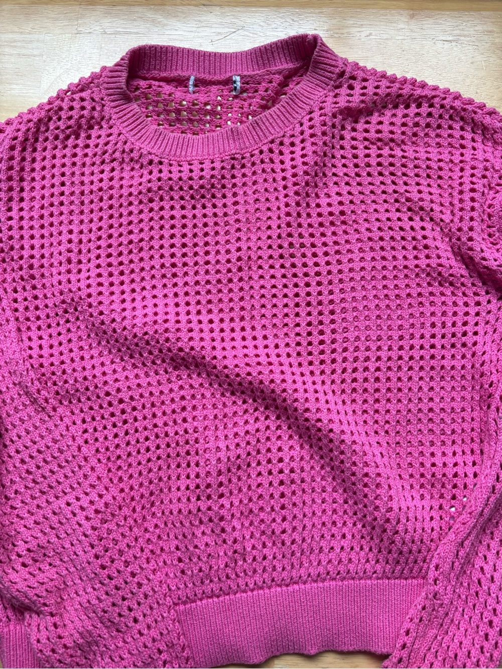 Cotton Crewneck Open-Knit Top in Fuchsia